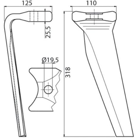 Technical drawing of a Power Harrow Blade by Sparex with dimensions: 25.5 mm wide tip, 110 mm by 318 mm main body, and a circular detail with a 19.5 mm diameter hole near the top, ideal for Easy Fit applications.