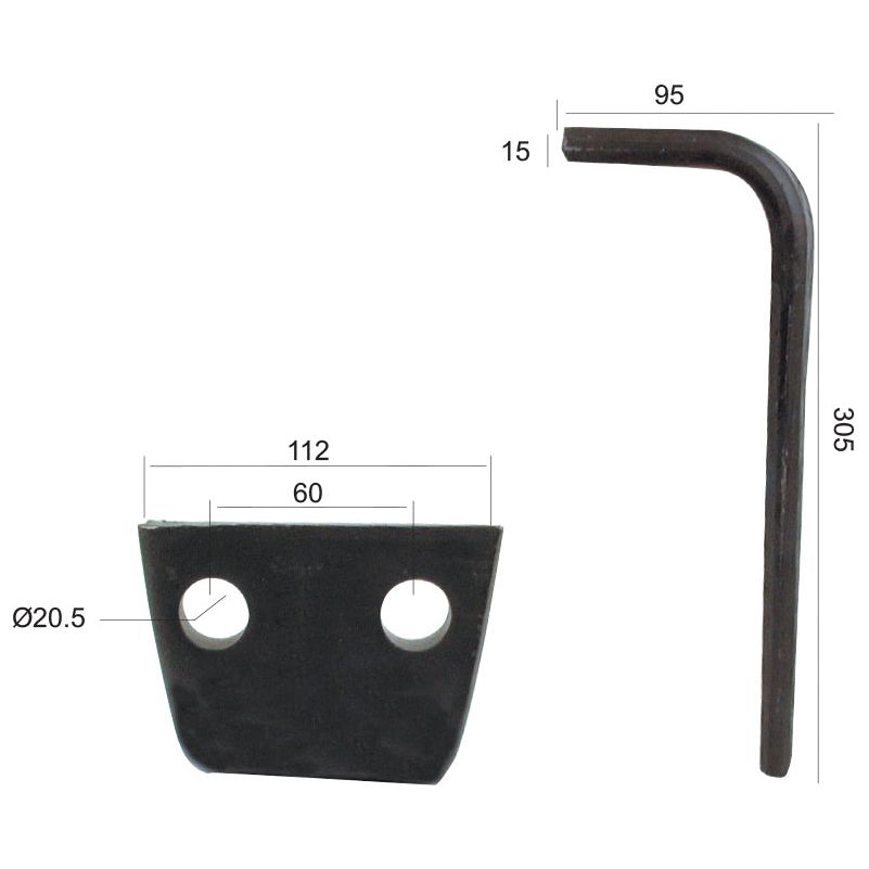 Sparex Power Harrow Blade (112x15x305mm) with 20.5 mm diameter holes and 60 mm hole centers, designed as a replacement for Feraboli SKH & MF models, item number S.78624, alongside an L-shaped rod with dimensions labeled, including 95 mm and 305 mm lengths.