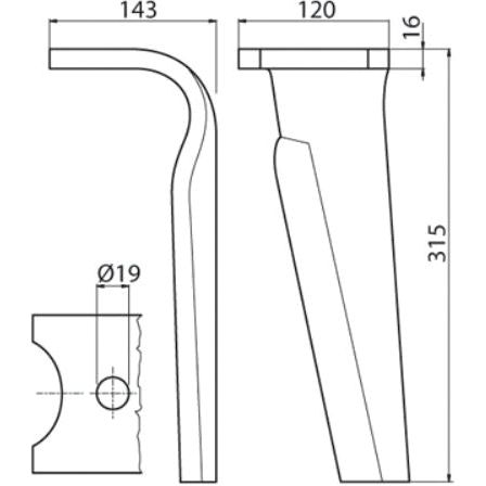 Power Harrow Blade 120x16x315mm LH. Hole centres: mm. Hole⌀ 19mm. Replacement forKuhn.
 - S.59712 - Massey Tractor Parts