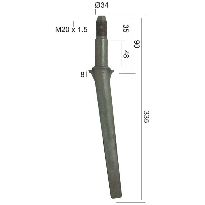 Introducing the Power Harrow Tine 335mm, a high-quality Sparex product specifically designed as a replacement for Lely. Fitting as part number 11606021 and identified by Sparex Part No.S.77264, this metal rod features threads at one end and measures 335mm in total length. It boasts a thread diameter Ø34, M20 x 1.5, with upper sections measuring 35mm and 90mm, and a bottom section of 48mm — making it perfect for Universal Tractors equipped with superior Sparex Fasteners.
