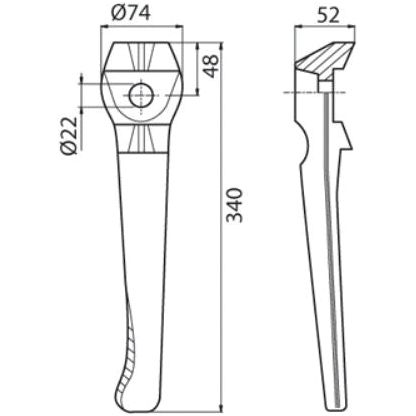 Forged technical diagram of a Power Harrow Tine 340mm designed as a left-hand replacement for Lely, showcasing its dimensions: 340mm length, 74mm and 22mm diameters, 48mm width, and an additional component width of 52mm in the side view. Available as Sparex part number S.77572.