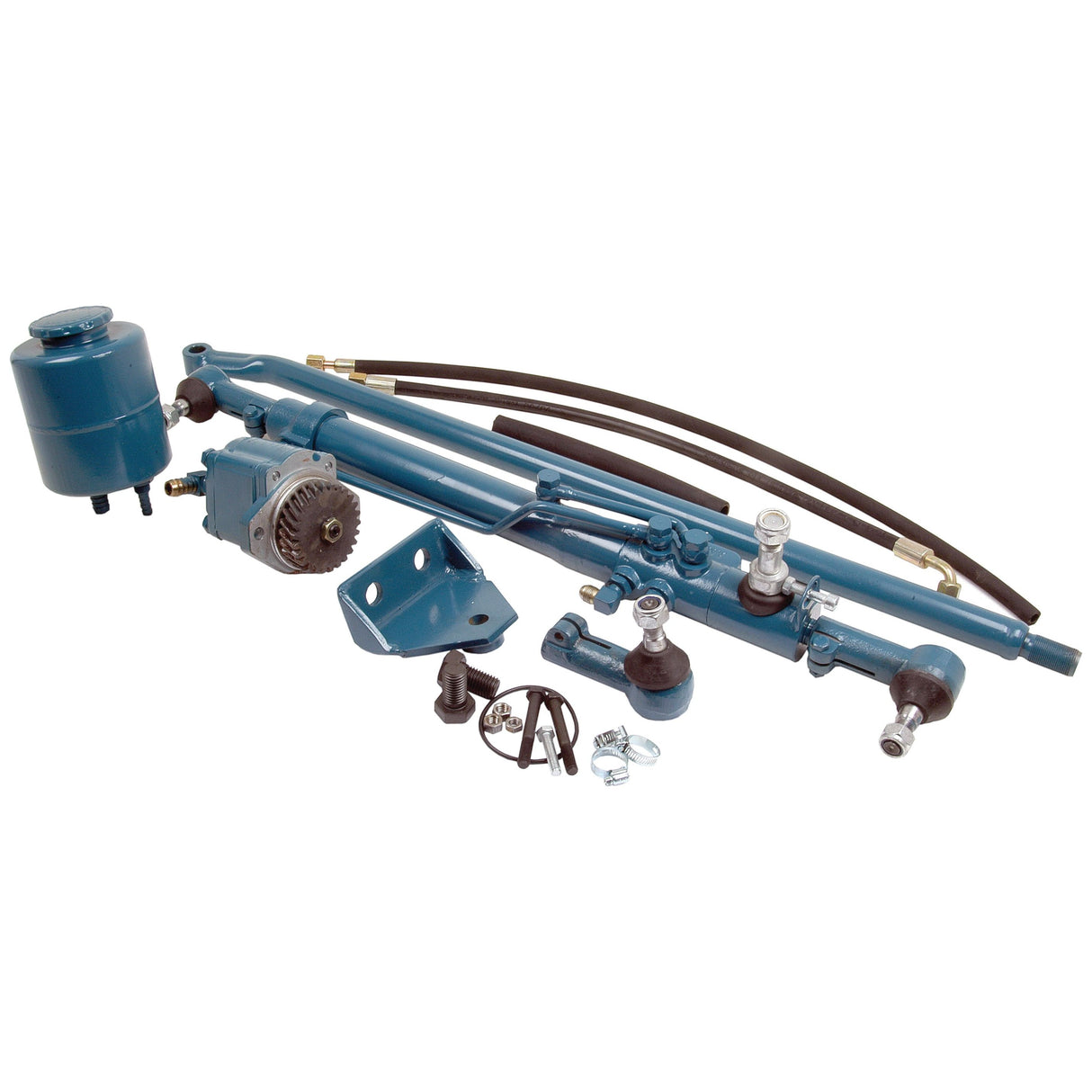 Introducing the Sparex Power Steering Conversion Kit (Not Original Type Kit) | Sparex Part No.S.66026. This comprehensive kit in blue includes various components such as a cylinder, hoses, pump, brackets, and mounting hardware. Perfect for those seeking to upgrade their Ford / New Holland models with enhanced hydraulic steering capabilities.