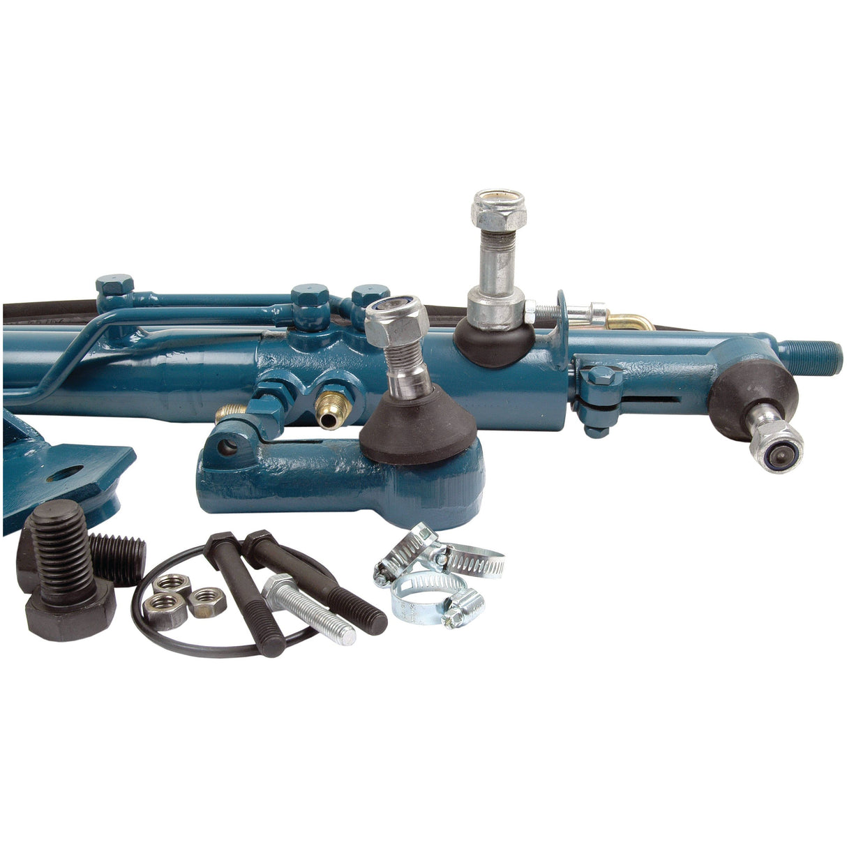 Close-up of various blue mechanical components, including bolts, screws, and cables from the Sparex Power Steering Conversion Kit (Not Original Type Kit) | Sparex Part No.S.66026, arranged on a white background.