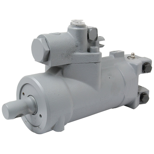 A Sparex Power Steering Cylinder (Sparex Part No. S.40132), grey in color with a variety of valves and connectors, is partially viewed from the side, showcasing its intricate design essential for Massey Ferguson power steering systems.