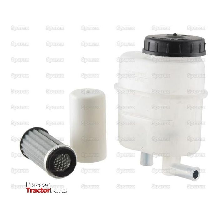 The Brake Fluid Reservoir kit (Sparex Part No. S.62436) by Sparex features a transparent container, black cap, plastic filter, and metal filter. Branded with faint Sparex logos and "Tractor Parts" text in the background, this white fluid reservoir kit is ideal for Case IH applications.
