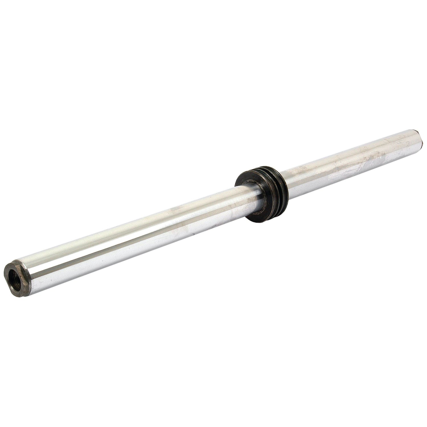 Introducing the Power Steering Rod | Sparex Part No.S.7825 by Sparex: a metal rod featuring a circular, black, rubber-like collar in the middle and threaded ends—ideal for those requiring components compatible with Ford New Holland equipment.
