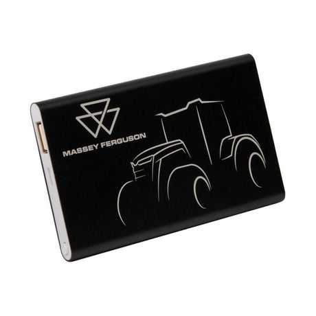 An AGCO Massey Ferguson Powerbank MF 8S.265 - X993422205000, featuring a durable 4000 mAh lithium polymer battery, comes in black with a white outline of a tractor and the "Massey Ferguson" text printed on the front.