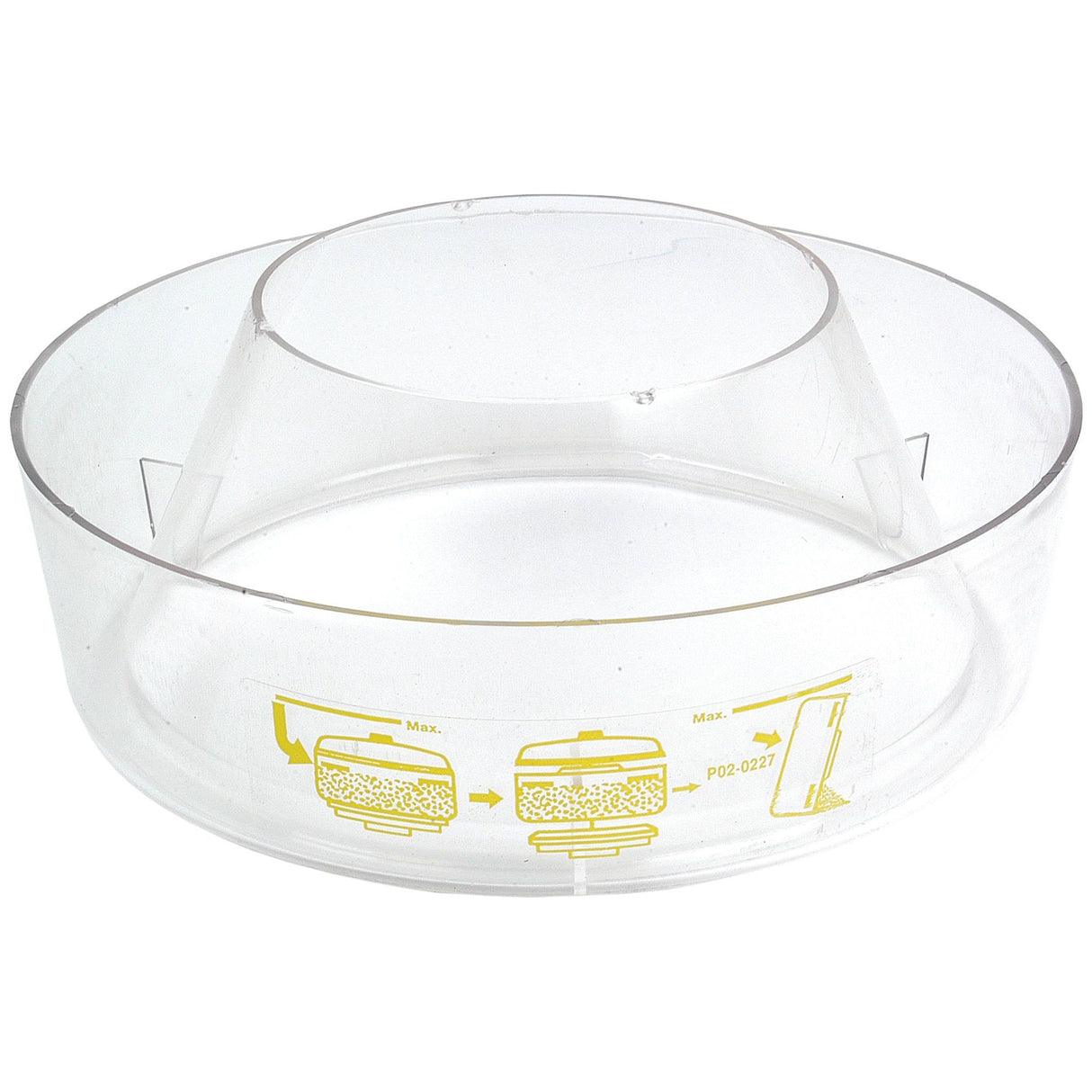 Transparent plastic ring with yellow illustrations, likely part of kitchen equipment or a food container. Suitable for use with the Sparex Pre Cleaner Bowl (Sparex Part No. S.41398), the illustrations depict filling, using, and disposing of the contents.
