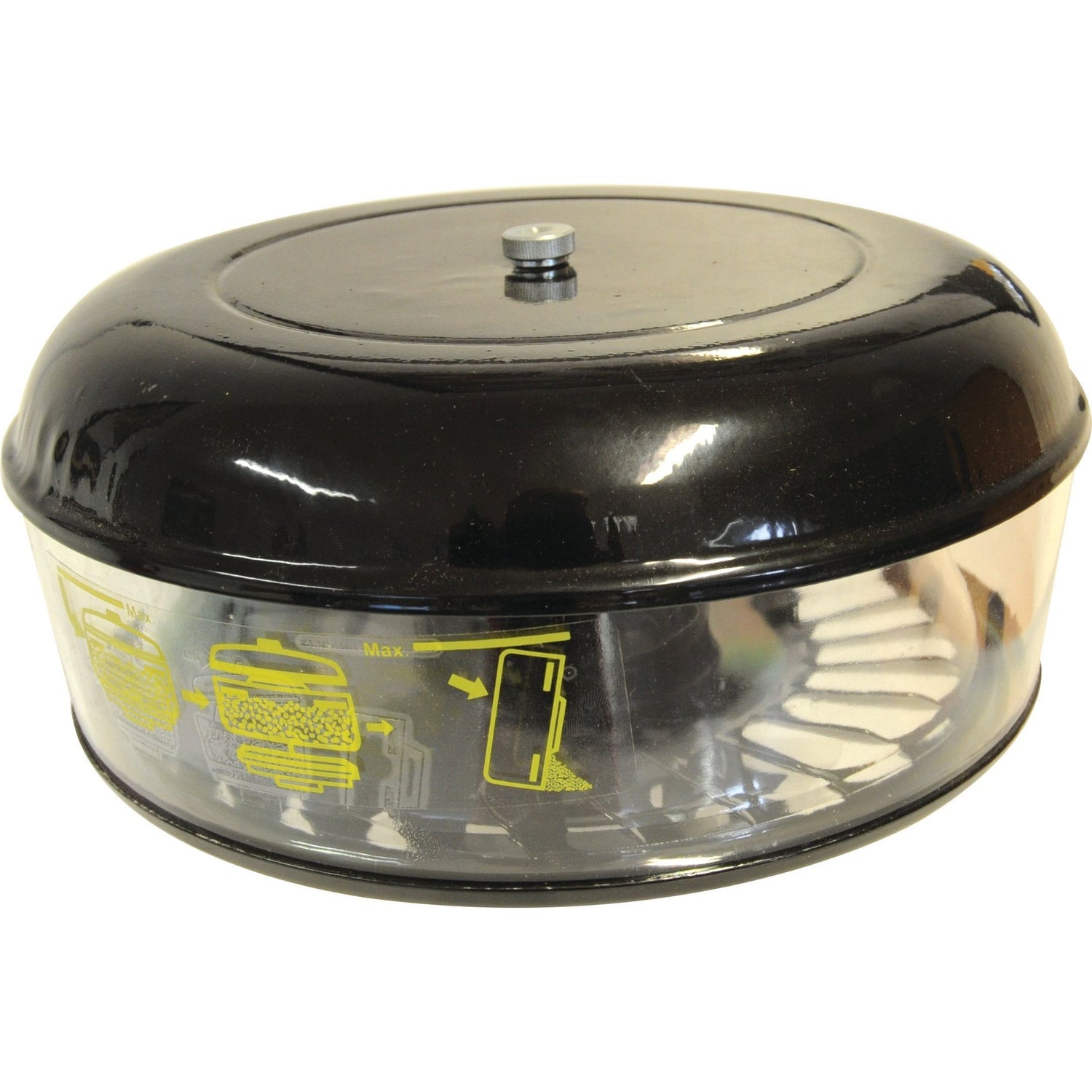 The Sparex Pre Cleaner - Universal - S.41395 is a black, cylindrical air filter housing featuring a transparent side panel and yellow informational diagrams, designed to reduce machinery downtime.