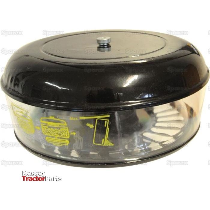 A Sparex Pre Cleaner - Universal (S.41395) is a black tractor air filter pre-cleaner with clear components and yellow markings, designed to remove debris and dust from the airflow before reaching the engine, effectively reducing machinery downtime.