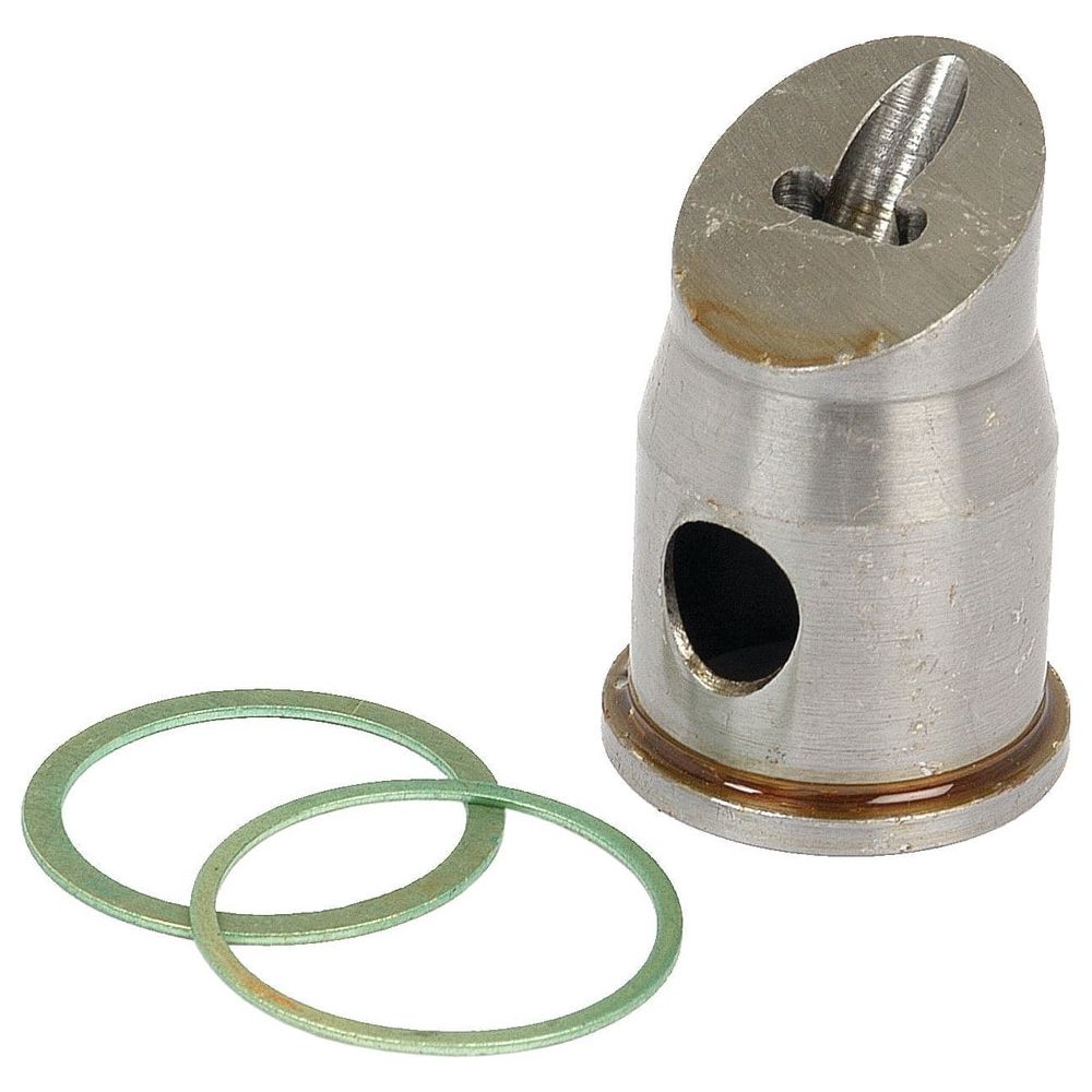 The Sparex Pre Combustion Chamber (Part No. S.57366) is featured on a white background, highlighting its metal valve component with an angled slit and hole, and accompanied by two green O-rings—ideal for maintaining your International Harvester machinery.