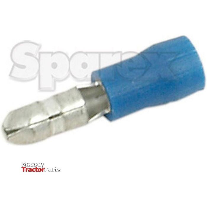 A Sparex Pre Insulated Bullet Terminal Connector, Standard Grip - Male, 4.0mm, Blue (1.5 - 2.5mm), Part No.S.21217 is shown. Metal prongs are partially exposed from the blue insulation sleeve, ensuring a standard grip. The background features faint text indicating brand names.