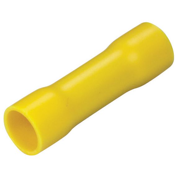 A yellow Sparex Pre Insulated Inline Terminal, Standard Grip, 5.0mm (4.0 - 6.0mm), rated for 600V and 48 Amps, perfect for joining two electrical wires.
