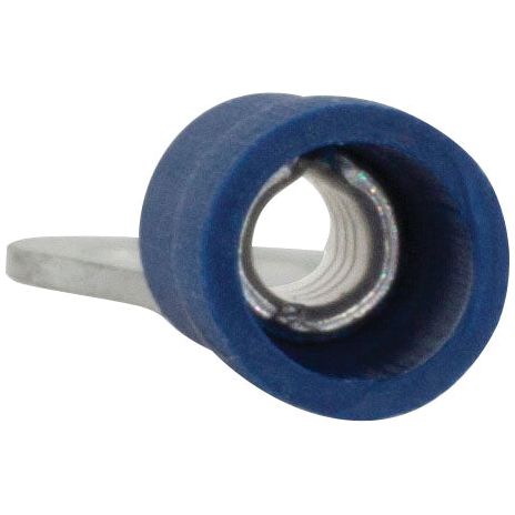 A close-up image of the Sparex Pre Insulated Ring Terminal - S.8543 in blue, featuring a visible metal interior and attached metal tab, designed as a crimp type for secure connections.