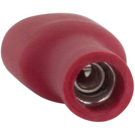 Close-up of a red, conical-shaped Sparex Pre Insulated Spade Terminal with a hollow center and coiled spring inside, featuring a maximum current rating of 10 Amps.