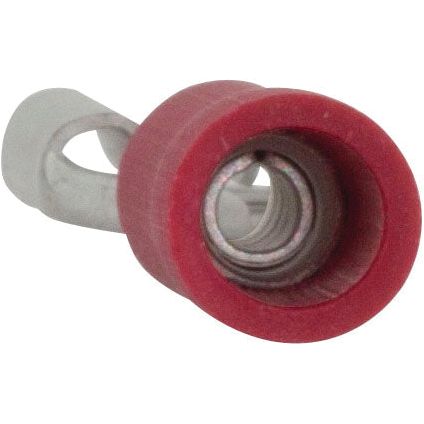 Close-up of the Pre Insulated Spade Terminal, Standard Grip - Female, 6.3mm, Red (0.5 - 1.5mm) - S.11563 from Sparex, featuring an insulated sleeve and a metal eyelet for electrical wiring, designed for optimal performance with its maximum current rating in mind.