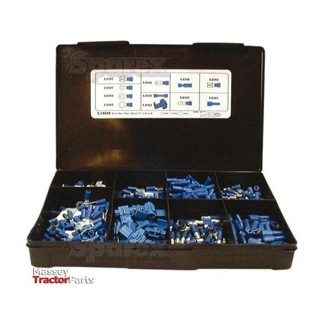 A black plastic case featuring multiple compartments contains various blue electrical connectors and terminals. The open lid displays a diagram of connector types and part numbers, with text reading "Massey Tractor Parts." This is the Sparex Pre Insulated Terminal Kit, Standard Grip Blue (Handipak 430 pcs.), Sparex Part No.S.14688.