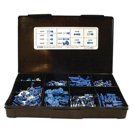 The Sparex Pre Insulated Terminal Kit, Standard Grip Blue (Handipak 430 pcs.) with Part No. S.14688 comes in a black plastic organizer box that contains various blue terminals and crimp-type standard grip connectors, each neatly sorted in individual compartments. A detailed diagram and part list label are affixed to the inner lid for easy reference.