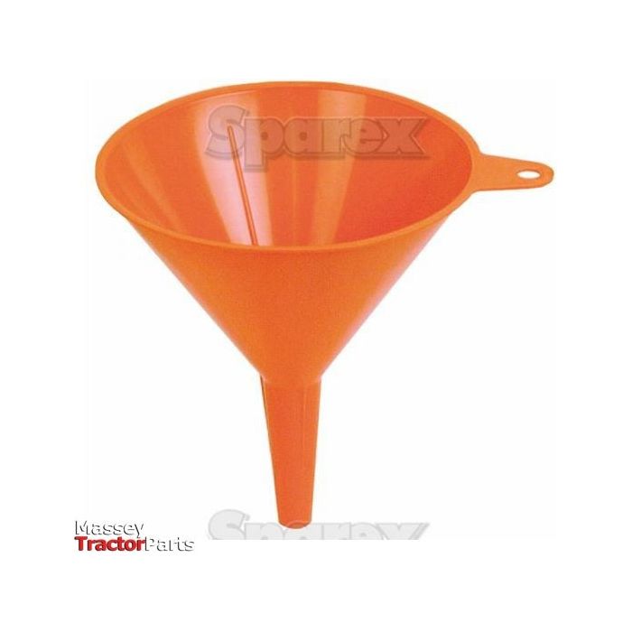 The Sparex Funnel (Plastic) Ø: 150mm - S.5746 is an orange high-density polyethylene funnel with a handle. It features "Massey Tractor Parts" at the bottom left and offers quality comparable to Pressol tools.