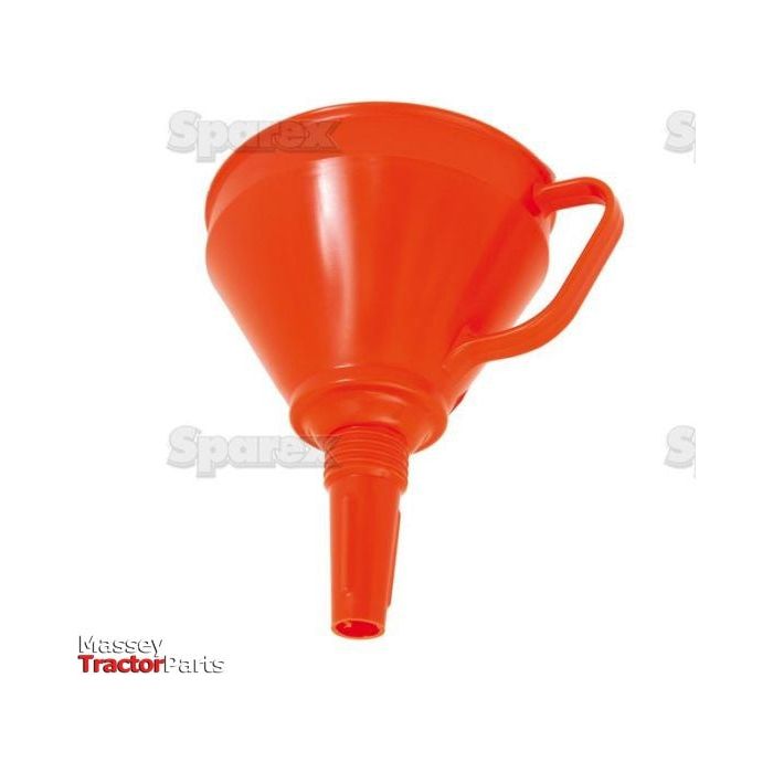 A Sparex FUNNEL WITH STRAINER 160MM - S.30155 is a red plastic funnel with a handle, featuring a wide top opening for pouring liquids and a narrow spout for directing the flow. Suitable for various kitchen or automotive tasks, it is set against a white background with faint branding text.
