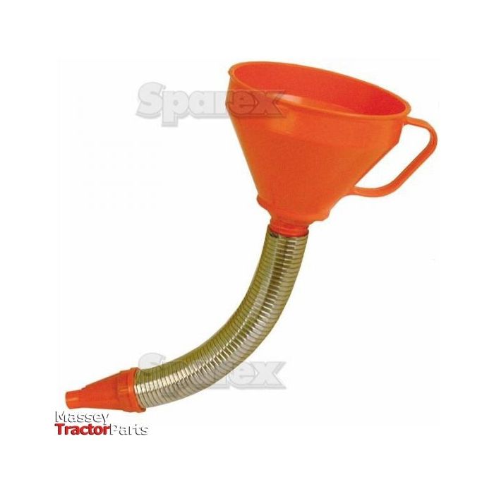 The Sparex Funnel (Plastic), model S.5740, 152mm in diameter, boasts a flexible metal hose and handle. Crafted from high-density polyethylene for durability, it is designed to efficiently transfer liquids or other substances. For added efficiency, it includes a Filter S.5594, with the Massey Tractor Parts logo prominently displayed in the bottom left corner.