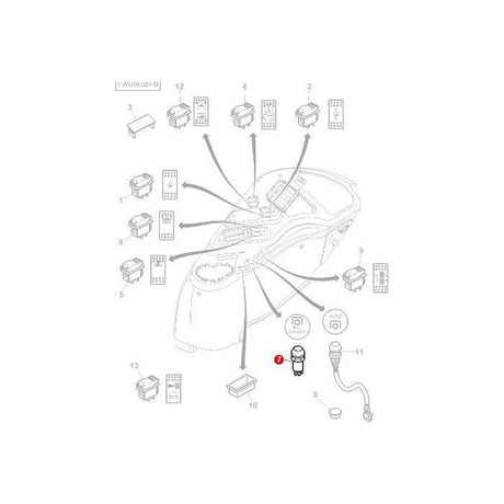 Diagram of a coffee machine with numbered components, akin to how tractor parts are detailed. Arrows indicate the placement and connection of various parts. The component labeled "7" is highlighted in red, similar to AGCO part codes used for Massey Ferguson equipment, such as the Pto Switch on/off - 4284629M1.