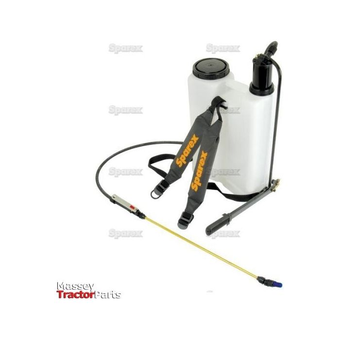 A Quality Heavy Duty Knapsack Sprayer (16L) - S.52400 in white with black straps, labeled "Sparex." It features a black pump handle, Chemical Resistant Seals, and a long yellow spray wand with a blue nozzle. The image background is white and displays the Massey Tractor Parts logo.