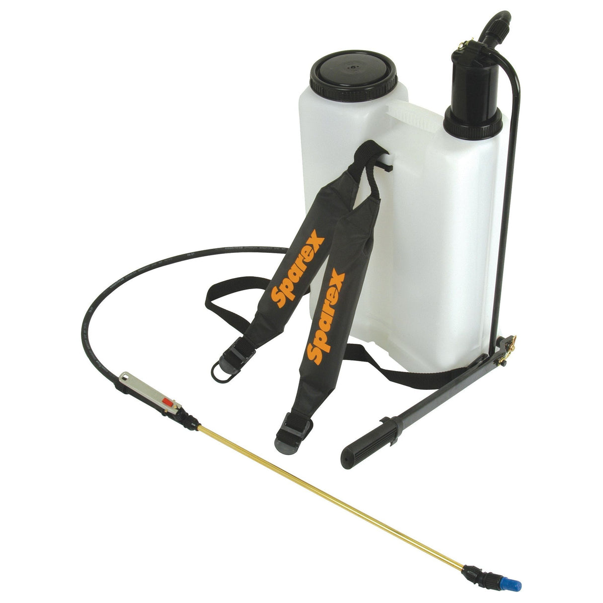 The 16L Quality Heavy Duty Knapsack Sprayer (S.52400) by Sparex features a white design, black adjustable straps, chemical resistant seals, a high pressure hose, and a long, thin metal spraying wand.