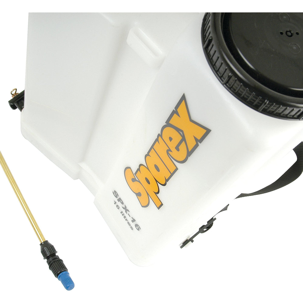 Close-up of a white Sparex branded Quality Heavy Duty Knapsack Sprayer (16L) - S.52400 with a black lid, chemical resistant seals, and an attached brass nozzle with a blue tip.