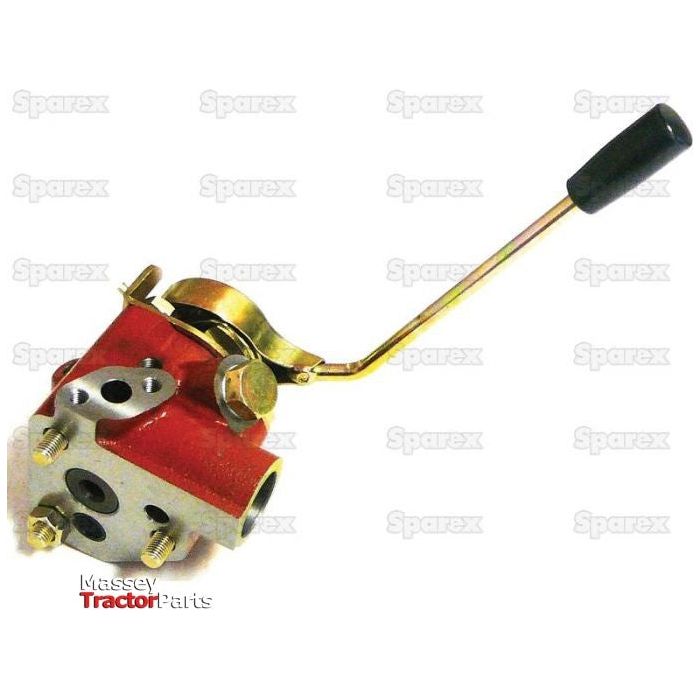 The Sparex Remote Control Assembly with Cable (Sparex Part No. S.58957) features a metal lever mechanism with a red and silver base, designed for machinery use. The handle is black, and the base includes multiple bolt attachments adorned with the Massey logo. The background showcases several "Sparex" watermarks, indicating its suitability for Universal Tractors.