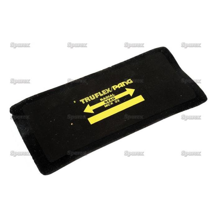 A black rectangular repair patch measuring 75x155mm with the text "TRI FLEX RANG" in yellow, along with two arrows and additional alphanumeric text "M58 AD," "M51 20," and "MKT 220." It is a product of Sparex, known as REPAIR PATCH-RADIAL-75X155MM (Sparex Part No.S.24476), resembling patches often used for repairs.