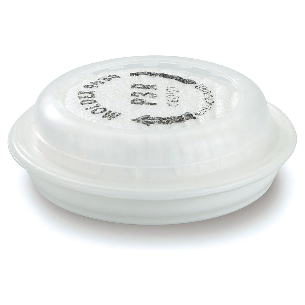 A RESPIRATOR-FILTER P3 R (PAIR) plastic cartridge by Sparex, marked with arrows on the top surface.