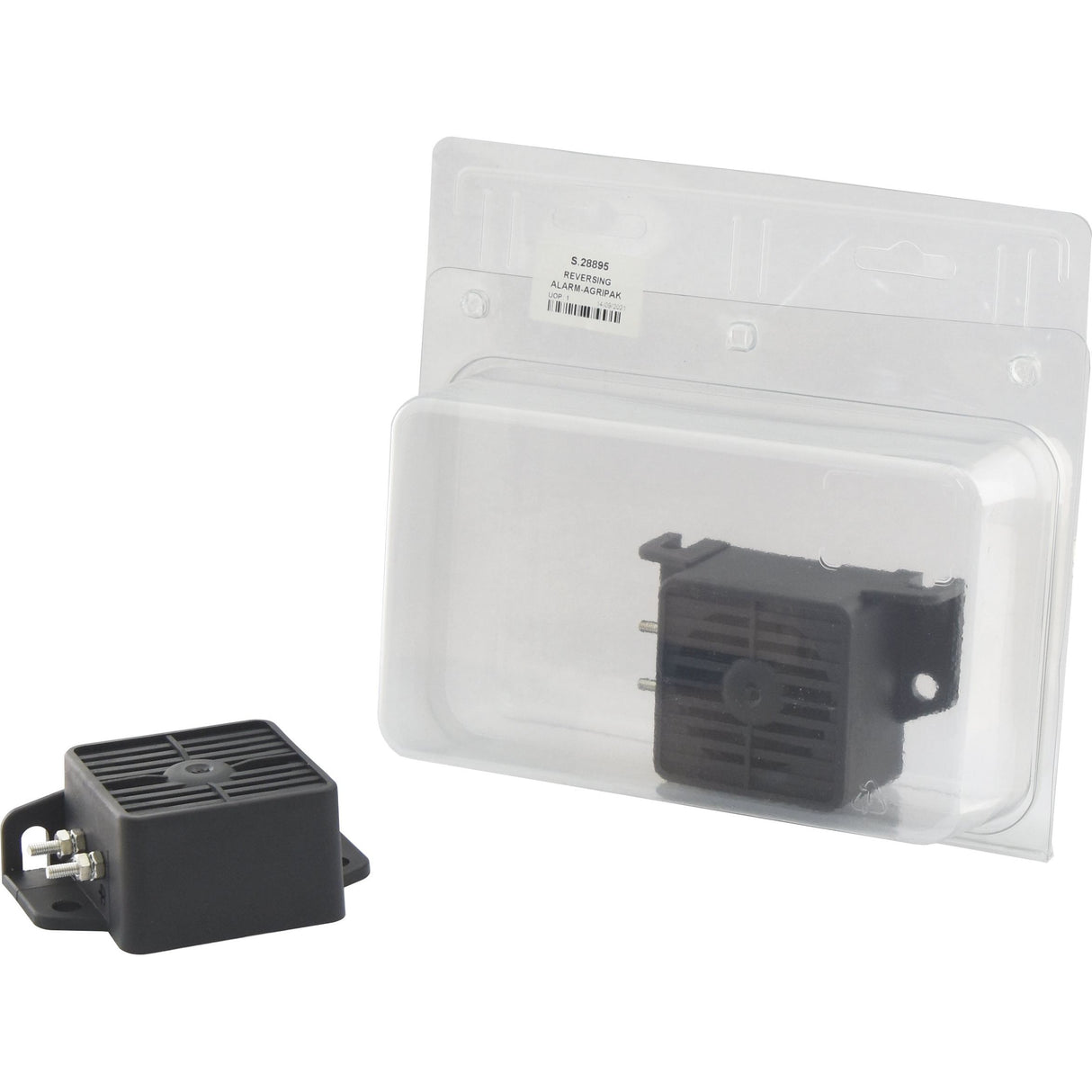 A compact black electronic device, branded as Sparex and labeled Reversing Alarm 12/24V (Agripak) with Sparex Part No. S.28895, is displayed next to its clear plastic packaging. This device features a grid-like vent and a metal connector on the side, designed for use as a dependable reversing alarm for vehicles.