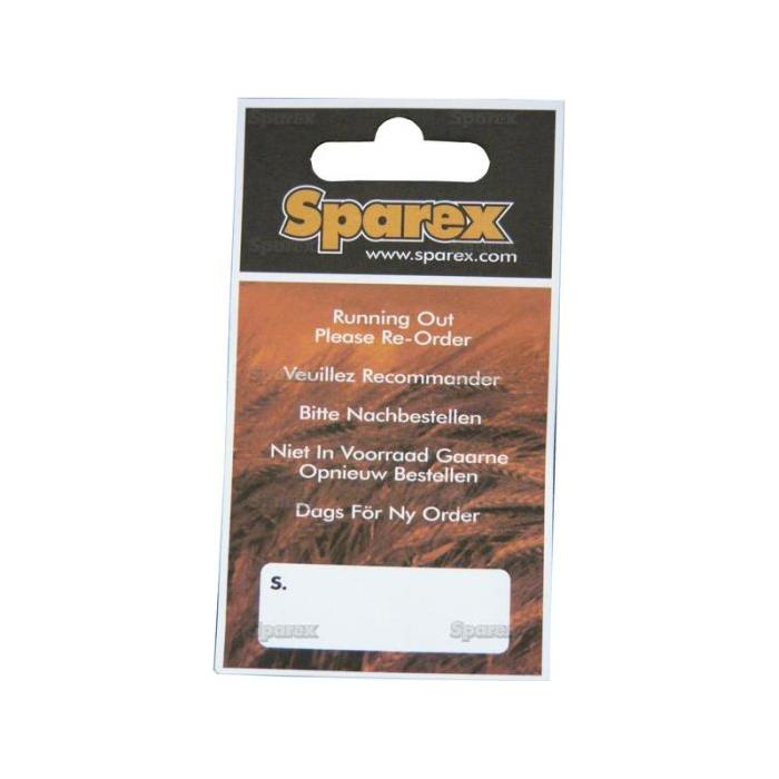 A product card from Sparex, branded as the "RE-ORDER LABEL - SPAREX" (Sparex Part No.S.2004), includes reorder instructions in multiple languages such as English, French, German, Dutch, and Danish. It features a blank space at the bottom for personalization and a reorder label to quickly replenish your supplies when they are running low.