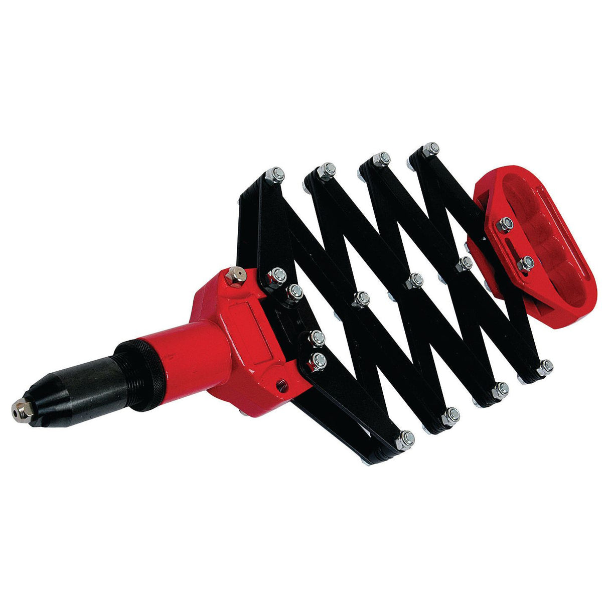 The Sparex RIVET GUN-INDUSTRIAL | Sparex Part No.S.14915, comes in a striking red and black color scheme, with an extended accordion-style design, featuring a convenient handle for grip and a nozzle for inserting rivets.