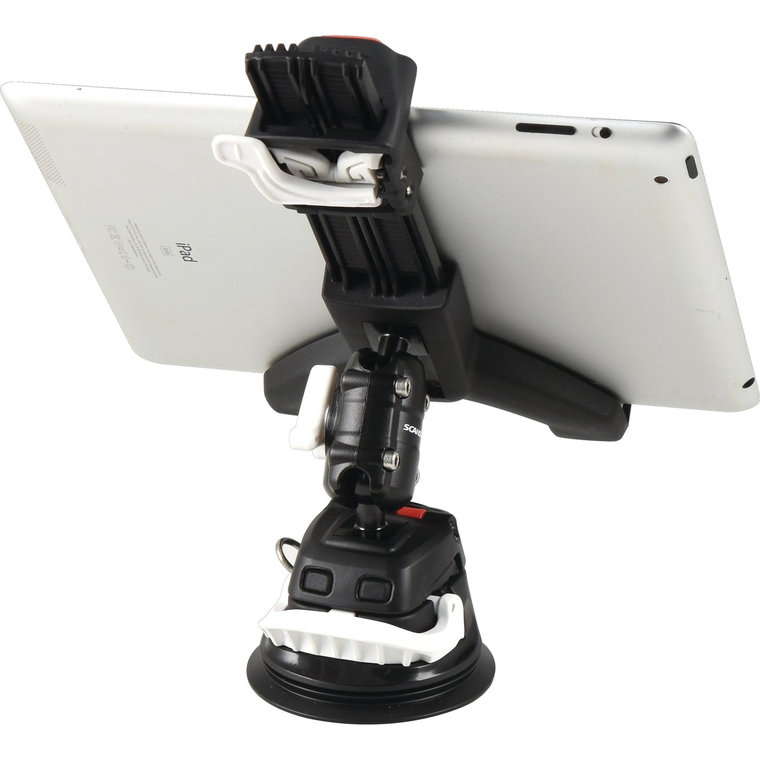 A tablet mounted on a Sparex ROKK Mini Adjustable Tablet Clamp & Suction Mount, Part No.S.151439.