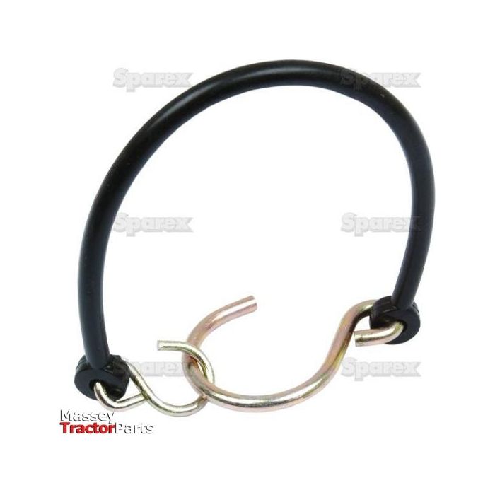 The Rubber Strap 195mm from Sparex (Part No. S.29151) features an elastic design with an S Hook and a metal hook and loop, ideal for use in agricultural equipment.