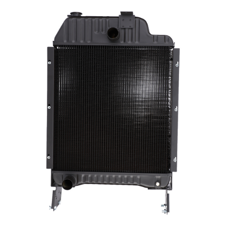 An authentic OEM AGCO Massey Ferguson radiator (part number 3619008M92) in black, featuring a top fill opening, side mounting brackets, and a lower outlet port. This part includes a 12-month warranty.