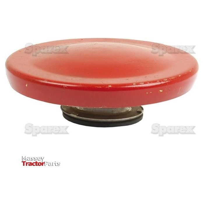 A red circular Massey tractor radiator cap, model S.41518, with a 7psi rating, featuring a sturdy metal base and branded with 'Sparex'.