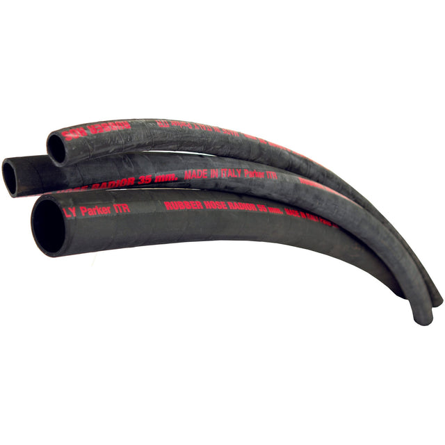 Three Sparex Radiator Hoses - S.51397, black in color and reinforced with Rayon cord, detailed with red text showing specifications and country of manufacture, coiled and displayed together.