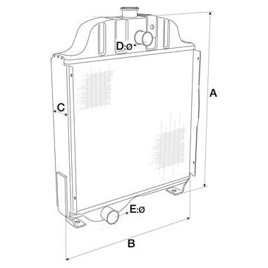 Line drawing of a Sparex Radiator - S.60681 diagram with labeled dimensions A, B, C, D, and E. The labels correspond to specific points or parts of the 3 Row radiator.