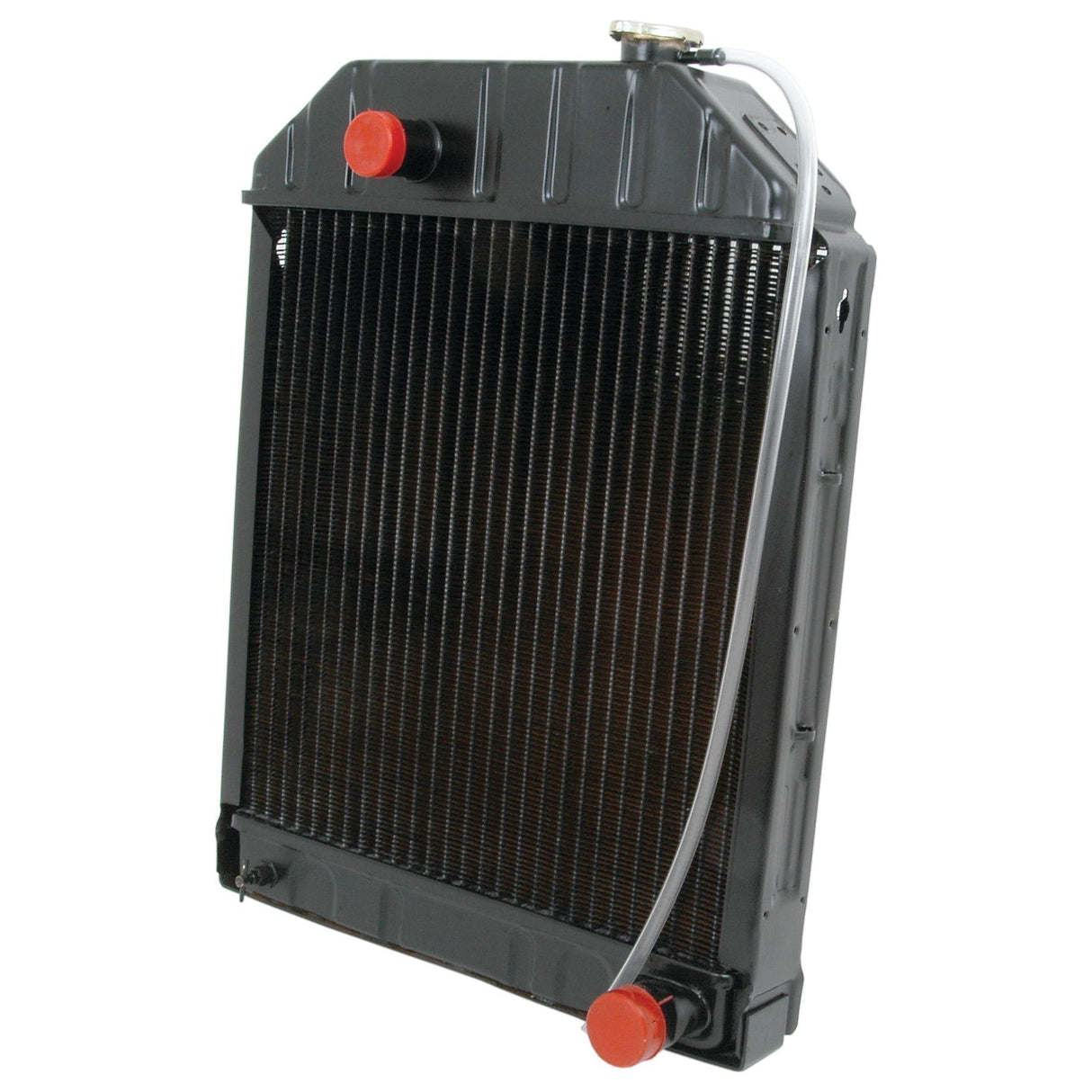 A Sparex Radiator - S.60681 featuring a 3 Row design in black, with red caps on the inlet and outlet ports, and equipped with a thin plastic hose attached.