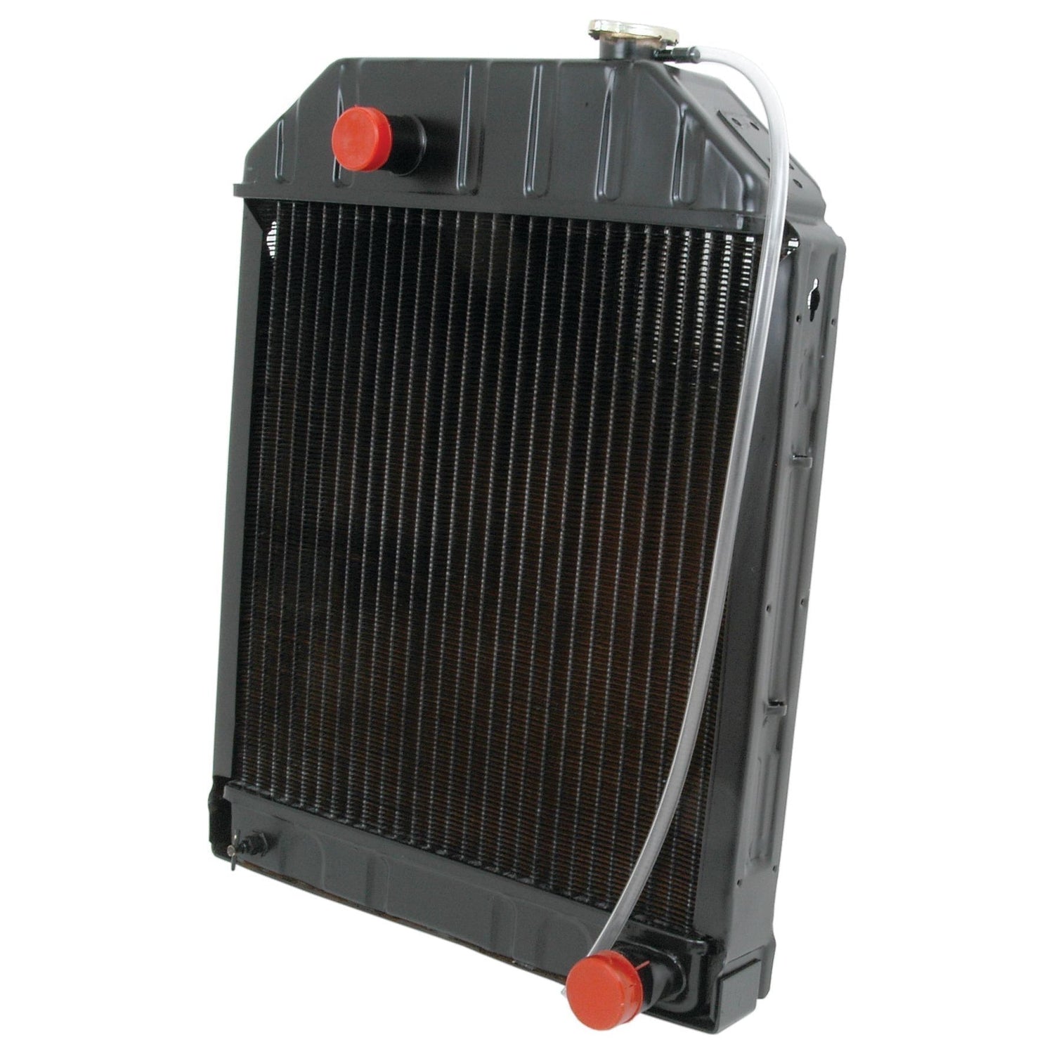 A black Sparex Radiator - S.60681 with red caps and an attached hose, featuring a robust 3 Row design.
