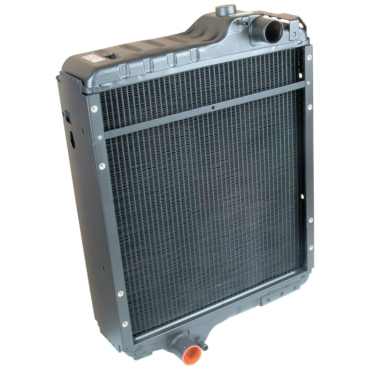The Sparex Radiator - S.73818 is a black metal radiator with visible fins and two hose connections, featuring a 51mm inlet, ideal for cooling in automotive or machinery applications. This product ensures optimal performance and reliability.
