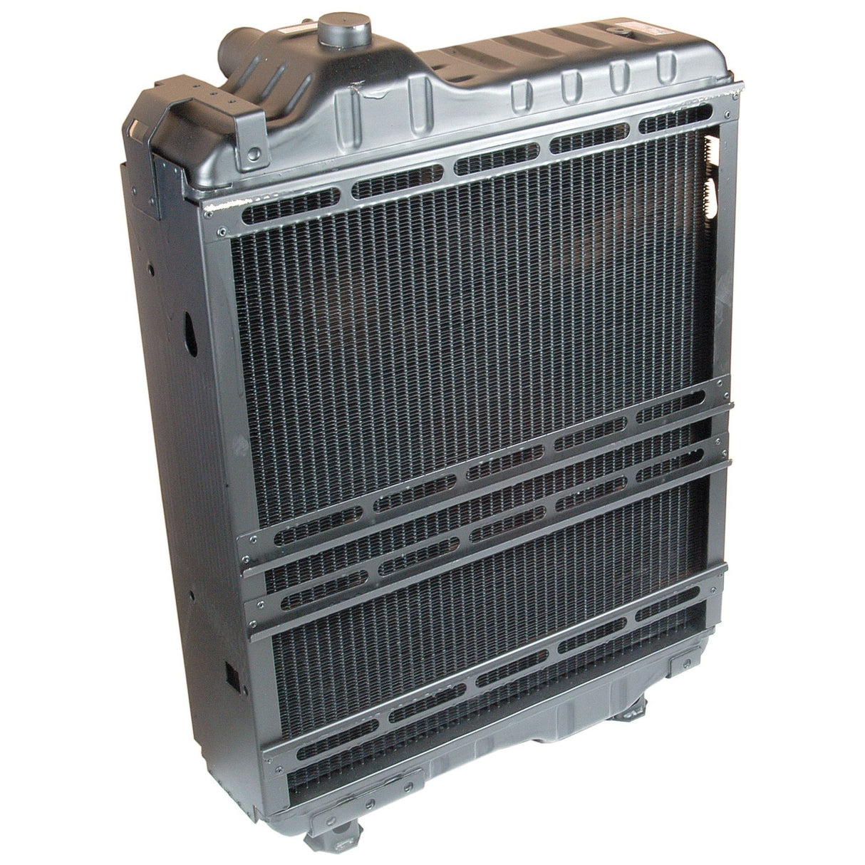 The Radiator - S.73818 by Sparex is a large automotive radiator with dark metal fins and a plastic top tank, featuring a 51mm inlet, specifically designed for engine cooling.