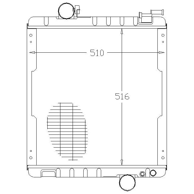 Technical drawing of a Sparex Radiator - S.73824 with measurements indicating 510 mm and 516 mm, featuring two round connectors and a grid detail on the left side.