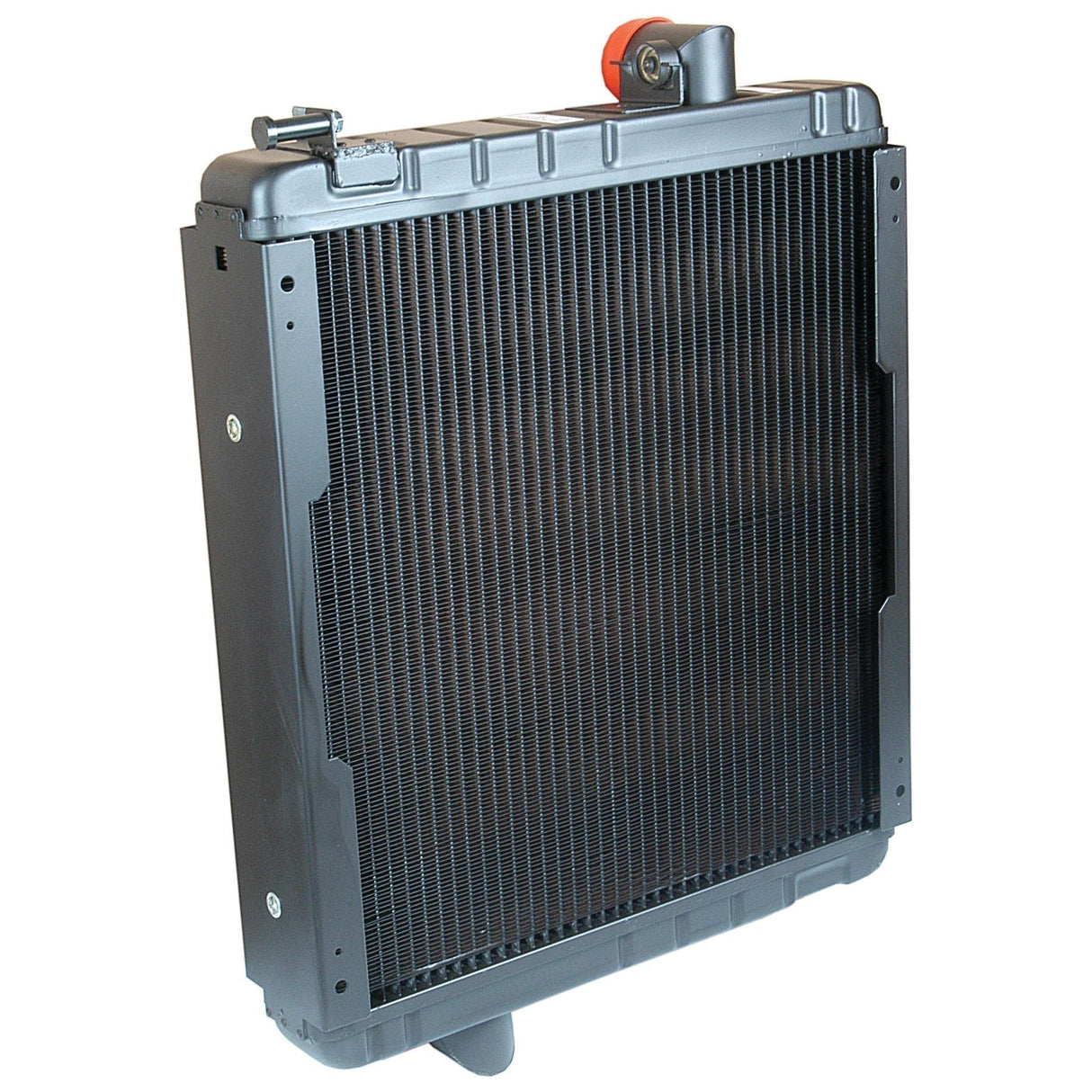 The Sparex Radiator - S.73824 is an upright black automotive radiator with a metal frame and grille, featuring a top-mounted cap with a red release lever, perfect for compatible Sparex coolers.