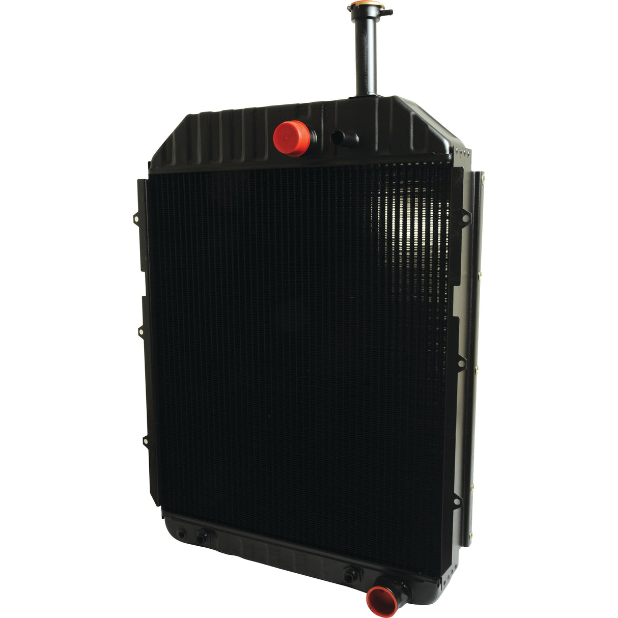 A black Sparex Radiator - S.73842 with a red cap on the top right corner and another opening with a red cap on the bottom left corner.
