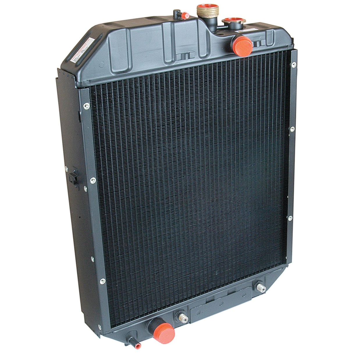 The Radiator - S.73865 by Sparex is a black automotive radiator with red caps on the inlet and outlet ports, a black mesh core, and mounting points on the sides.