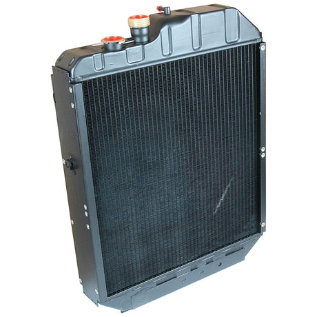 Image of the Radiator - S.73865 by Sparex, a black automotive radiator with visible cooling fins, featuring two connectors at the top and a Sparex radiator cap.